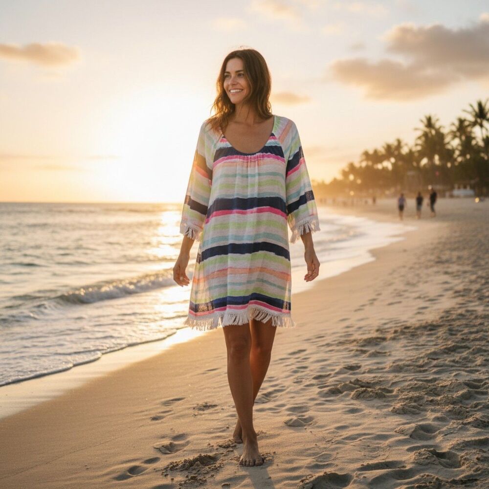 Lilly Pulitzer Getaway Linen Swim Cover Up Cats Meow Stripe Fringe Tunic M